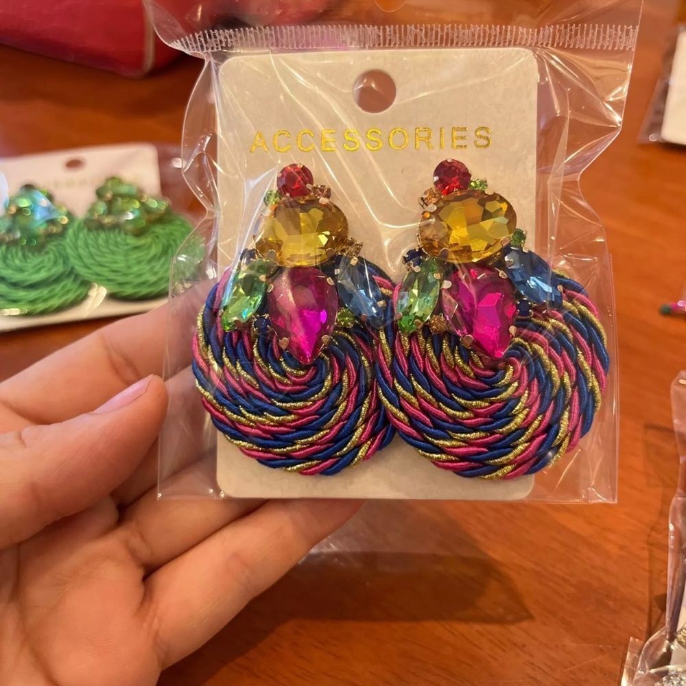 Colorful Crystal Handmade Round Rhinestone Earrings Exaggerated Statement - Picture 4 of 5